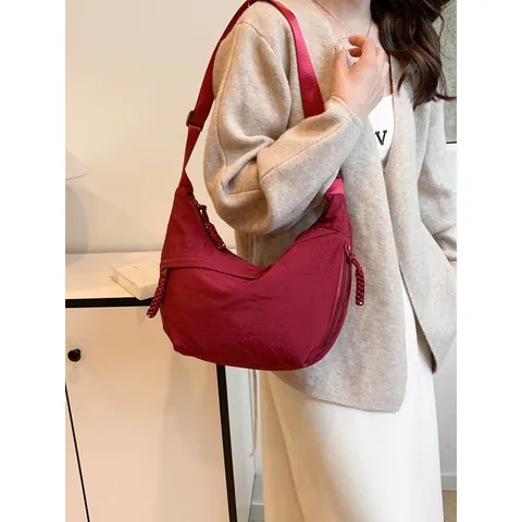 Women Casual Nylon Hobo Bag Large Capacity Crescent Shoulder Bag With Braided Zipper Pull Adjustable Strap Daily Travel Bag