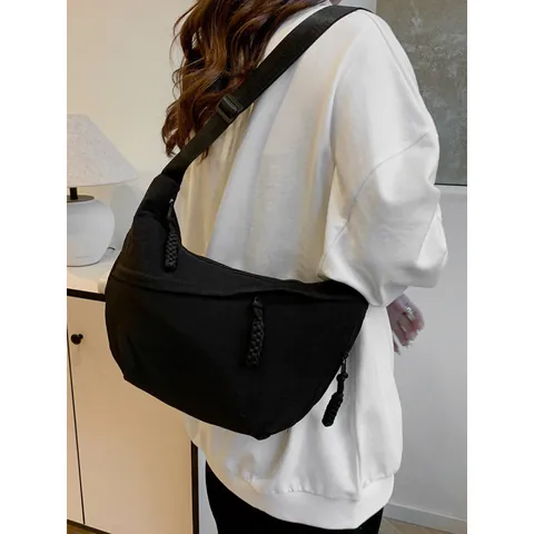 Women Casual Nylon Hobo Bag Large Capacity Crescent Shoulder Bag With Braided Zipper Pull Adjustable Strap Daily Travel Bag