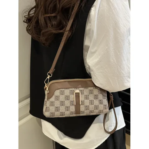 Bolso Bandolera Cuadrado Vintage Monograma Para Mujer Cuero PU Lona Patchwork Bolso De Hombro Pequeño De Moda