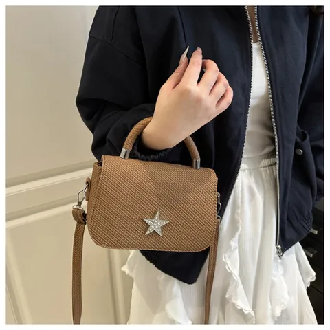 Damen Stern Dekor Gewebte Textur Handtasche Strass Stern PU Leder Schultertasche Mini Umhängetasche Top Griff Tasche