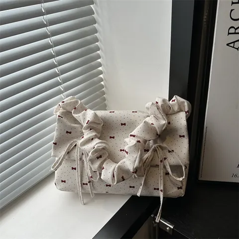 Women's Sweet Bow Print Ruched Handle Shoulder Bag Canvas Ribbon Decor Underarm Bag Fresh Girly Top Handle Handbag