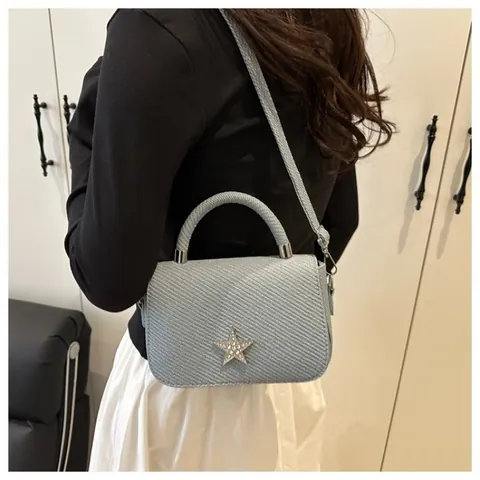Damen Stern Dekor Gewebte Textur Handtasche Strass Stern PU Leder Schultertasche Mini Umhängetasche Top Griff Tasche