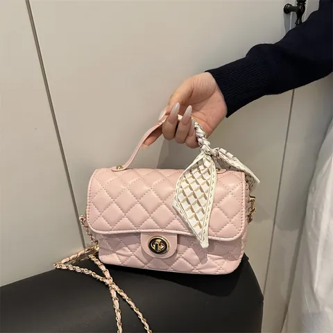 Dames Gewatteerd Ruit Vierkant Tas PU Leer Schoudertas Met Sjaal Handtas Ketting Turn-lock Crossbody Tas Voor Dagelijks Gebruik