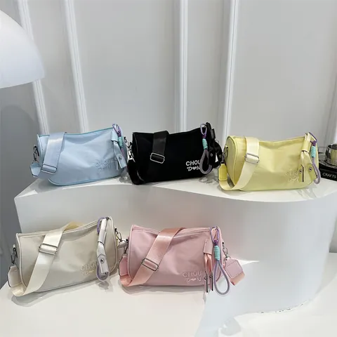 Women's Casual Nylon Crossbody Bag With Letter Embroidery Heart Pattern Colorful Braided Pendant Adjustable Wide Strap Shoulder Bag