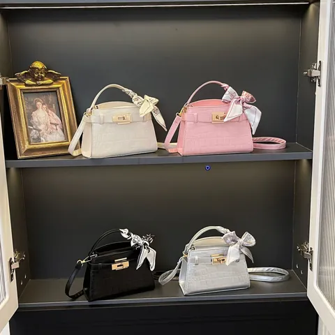 Women Crocodile Pattern Mini Square Crossbody Bag With Silk Scarf Elegant Metal Lock Handheld Satchel For Daily Fashion