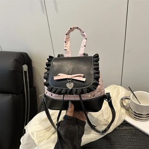 Sweet Polka Dot Ruffle Mini Backpack For Women Fashion Bow Heart Pendant PU Leather Handbag Girls Harajuku Style Small Bag
