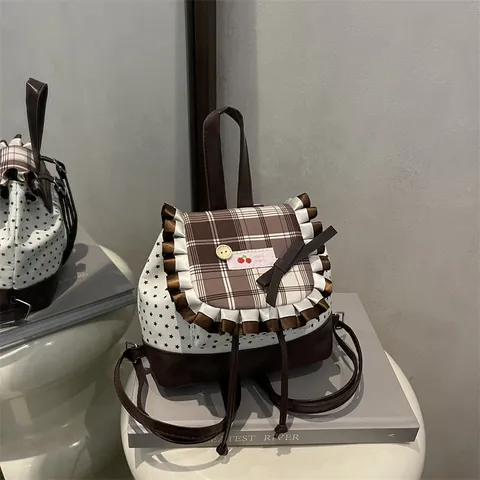 Women Mini Backpack Vintage Canvas PU Leather Star Print Plaid Cover Ruffle Bow Detail Cherry Patch College Style School Bag