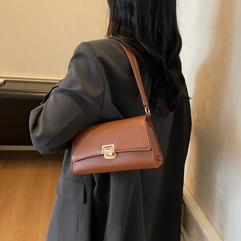 Damen Minimalistische PU Leder Unterarmtasche Vintage Einfarbig Kleine Quadratische Schultertasche Mit Goldener Metallschnalle Handtasche
