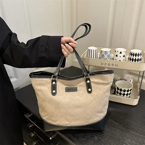 Women Large Capacity Quilted Rhombus Tote Bag Suede Fabric Leather Patchwork Shoulder Bag For Commuting Travel Handbag