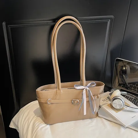 Women Vintage PU Leather Shoulder Bag With Bow-knot Belt Decoration Casual Commute Underarm Tote Bag Fashion Zipper Handbag