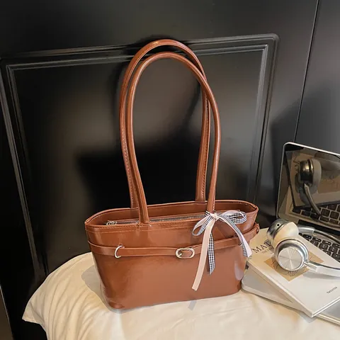 Women Vintage PU Leather Shoulder Bag With Bow-knot Belt Decoration Casual Commute Underarm Tote Bag Fashion Zipper Handbag