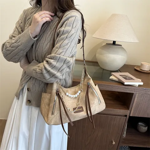 Borsa a Spalla da Donna in Denim Lavato Vintage Con Catena in Metallo e Künstliche Perle Grande Capacità Tracolla Moda Casual