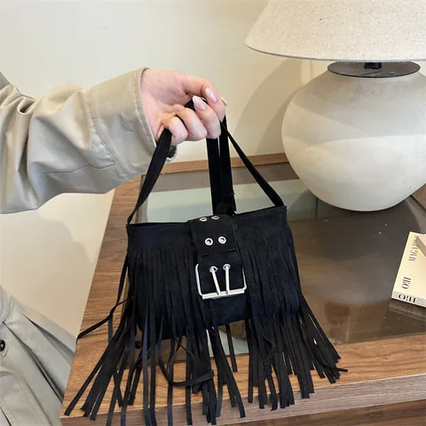 Women Retro Faux Suede Fringe Underarm Bag Fashion Bohemian Tassel Shoulder Crossbody Bag With Large Metal Buckle Y2K Purse