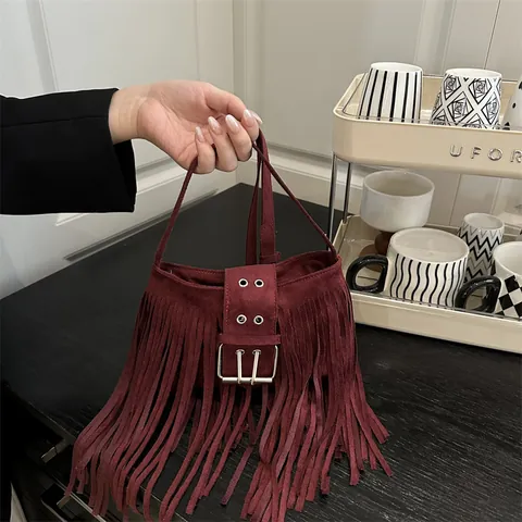 Women Retro Faux Suede Fringe Underarm Bag Fashion Bohemian Tassel Shoulder Crossbody Bag With Large Metal Buckle Y2K Purse