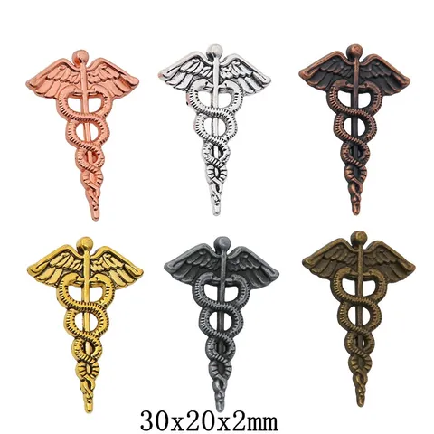 Vintage Alloy Caduceus Medical Symbol Wings Snakes Charm For DIY Jewelry Making Antique Gold Silver Bronze Pendants
