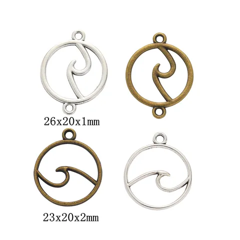 Vintage Alloy Ocean Wave Round Charms Antique Bronze Silver Hollow Circular Jewelry Making Connectors DIY Craft Findings