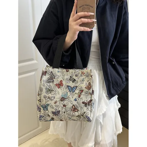 Vintage Jacquard Floral Tote Bag Large Capacity Canvas Handbag Butterfly Pattern For Women Daily Commute Stylish Versatile Shopping Bag