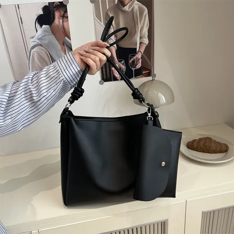 Damen Minimalistische PU Leder Tragetasche Und Abnehmbarer Beutel Große Kapazität Umhängetasche Knoten Detail Handtasche