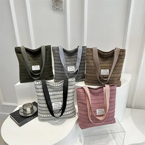 Women Korean Striped Nylon Tote Bag Large Capacity Casual Shoulder Handbag Zip Closure Fashion Label Daily Commuting Bag
