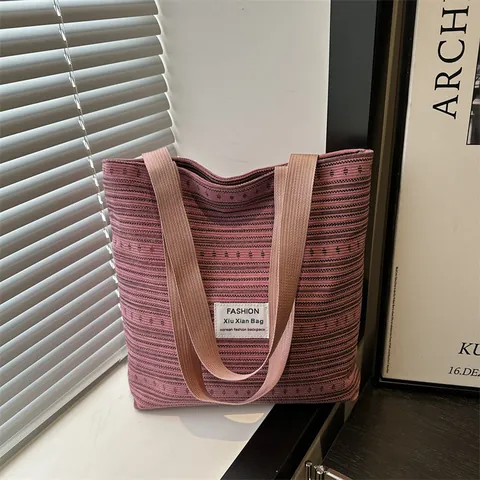 Women Korean Striped Nylon Tote Bag Large Capacity Casual Shoulder Handbag Zip Closure Fashion Label Daily Commuting Bag