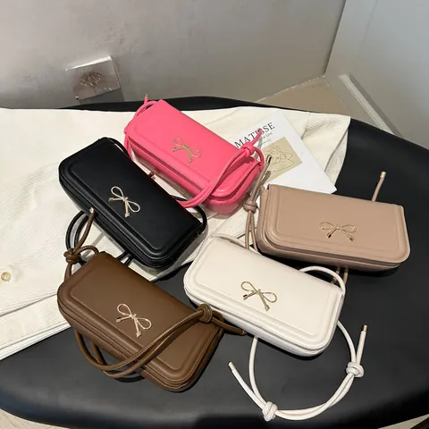 Bolso de Hombro de Cuero PU de Moda para Mujer Con Lazo Minimalista Color Sólido Bolso de Axila de Bandolera Bolso Cuadrado Pequeño Bolso de Mano Estilo Diario