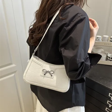 Bowknot Crocodile Pattern Underarm Bag For Women PU Leather Alligator Print Shoulder Bag Vintage Y2K Style Small Square Handbag