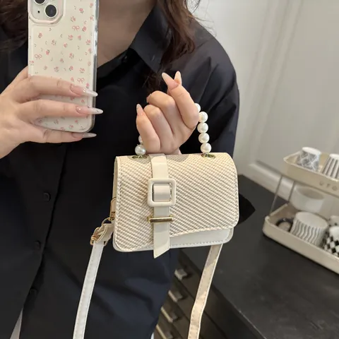 Damen Eleganter Mini Umhängetasche Mit Künstliche Perlengriff Webstruktur PU Leder Schultertasche Elegante Handtasche Für Party Täglich Mode Schultertasche