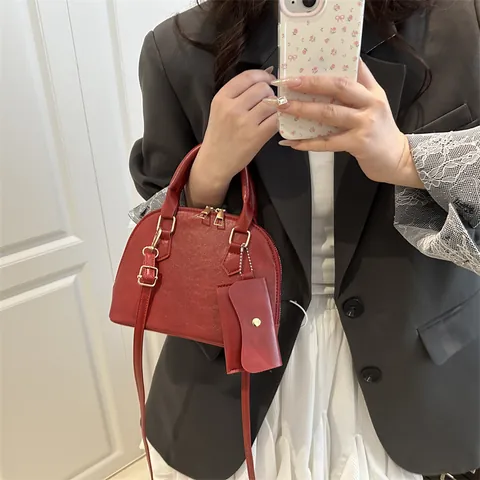 Women Retro PU Leather Shell Bag Urban Minimalist Crossbody Handbag Small Shoulder Bag Set With Mini Pouch Fashion Satchel