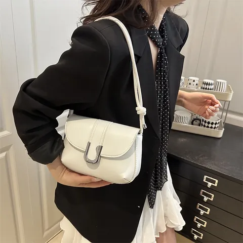 Borsa Sottobraccio in Pelle PU Minimalista da Donna Borsa a Spalla Tinta Unita con Fibbia in Metallo a U Elegante