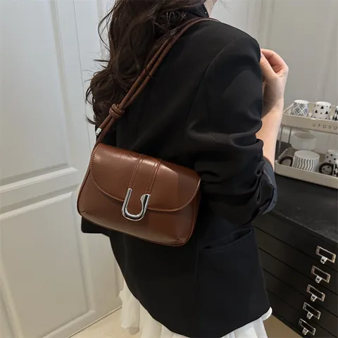 Borsa Sottobraccio in Pelle PU Minimalista da Donna Borsa a Spalla Tinta Unita con Fibbia in Metallo a U Elegante
