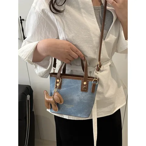 Fashion Women Denim Polyurethane Patchwork Bucket Bag Mini Tote Handbag With Dog Charm Adjustable Strap Casual Crossbody Bag