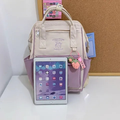Lightweight Contrast Color Nylon Backpack For Women Preppy Style Embroidery Ice Cream Pattern Large Capacity School Bag