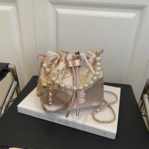 New Chinese Style Floral Embroidery Bucket Bag For Women Vintage Satin Handbag Artificial Pearl Handle Drawstring Chain Crossbody Bag