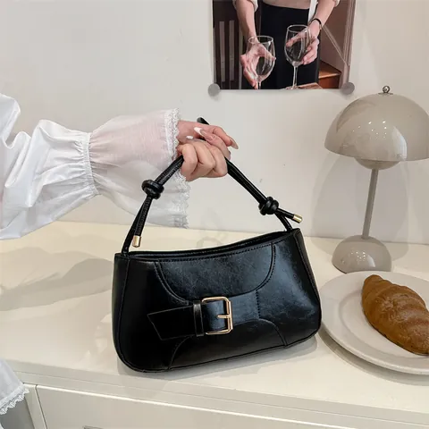 Women's PU Leather Underarm Bag Minimalist Baguette Bag With Belt Buckle Vintage Shoulder Crossbody Handbag Knot Strap Zipper Closure