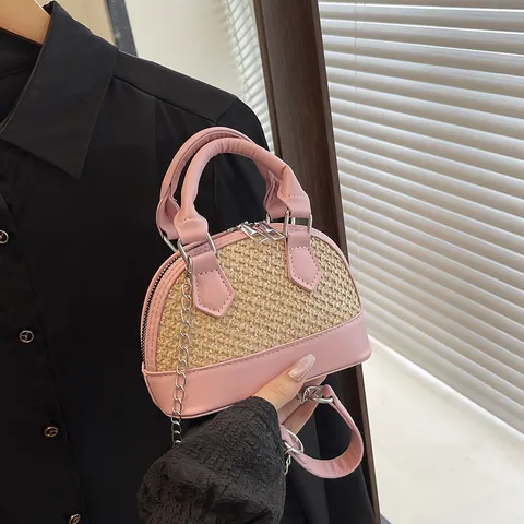 Damen Mode Mini Spleißen Gewebte Stroh Muscheltasche PU Leder Handtasche Mit Silberner Kette Lässige Umhängetasche Sommer Reise