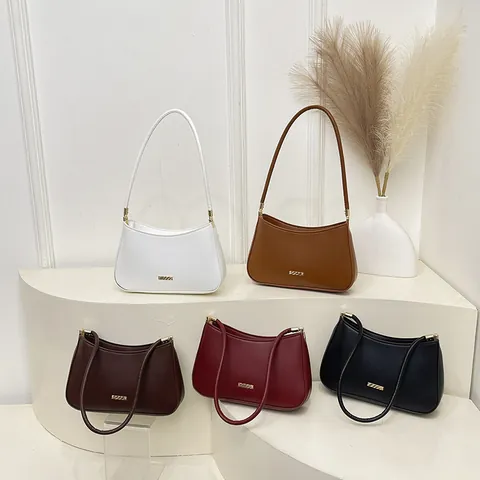 Bolso de Axila de Cuero PU Vintage para Mujer Bolso de Hombro Minimalista Con Placa de Metal Dorado Color Sólido Casual