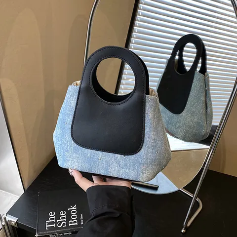 Bolso de Mano de Mezclilla Vintage para Mujer Moda Bloques de Color Cuero de PU Bolso de Asa Superior con Remaches Elegante
