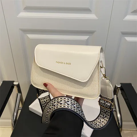Women Splicing PU Leather Woven Small Square Crossbody Bag With Wide Geometric Strap Fashion Commuting Messenger Bag