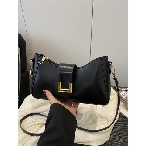Bolso Baguette de Cuero PU Retro para Mujer Con Hebilla Cuadrada Dorada Bolso de Hombro Vintage para Axila Bolso de Mano de Moda de Color Sólido Elegante