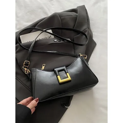 Bolso Baguette de Cuero PU Retro para Mujer Con Hebilla Cuadrada Dorada Bolso de Hombro Vintage para Axila Bolso de Mano de Moda de Color Sólido Elegante