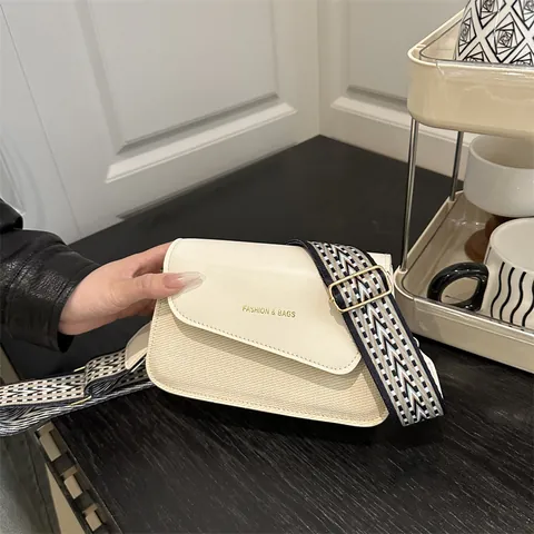 Women Fashion Small Square Bag PU Leather Woven Patchwork Wide Geometric Strap Shoulder Crossbody Bag Urban Casual Handbag