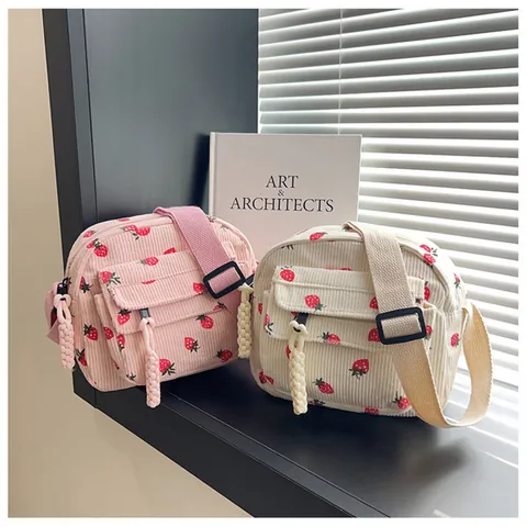 Women's Korean Style Corduroy Strawberry Print Crossbody Bag Cute Small Tote Phone Bag With Adjustable Strap For Daily Use