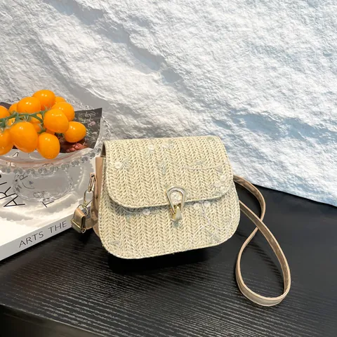 Women's Floral Embroidery Woven Straw Crossbody Bag Metal Lock PU Leather Strap Summer Beach Vacation Shoulder Square Bag