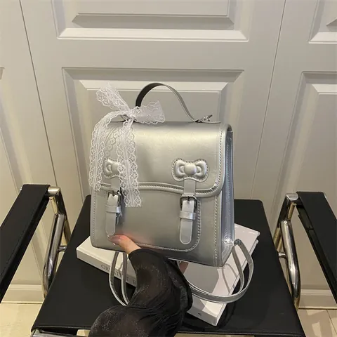 Fashion Women PU Leather Mini Backpack With Bowknot Lace Decoration Sweet Lolita School Daypack Handbag For Girls Black Pink