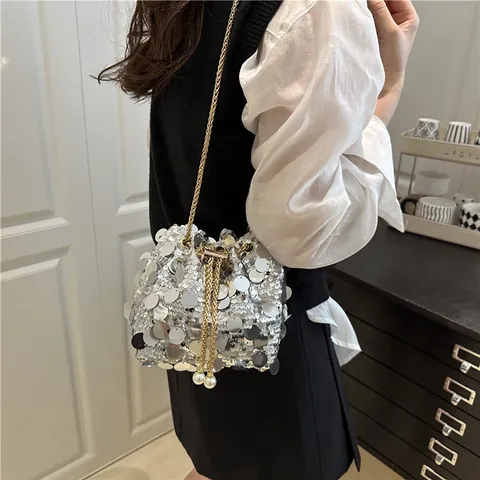 Fashion Sequin Bucket Bag Large Drawstring Shoulder Bag Chain Strap Artificial Pearl Decor Evening Party Women Handbag