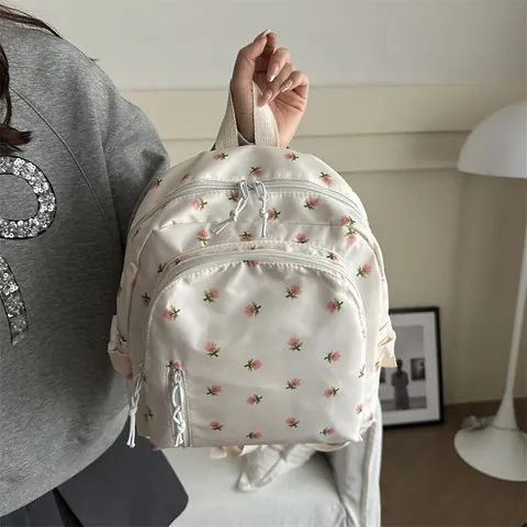 Women Floral Print Backpack Casual Lightweight Waterproof Nylon School Bag For Students Fresh Sweet Flowers Daypack Travel Bags