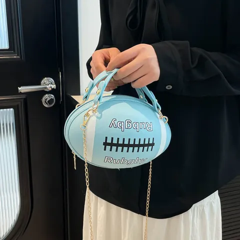 Bolso de Hombro para Mujer con Forma de Rugby Creativa de Cuero PU Color de Contraste Letra Estampada Bolso de Axila de Moda