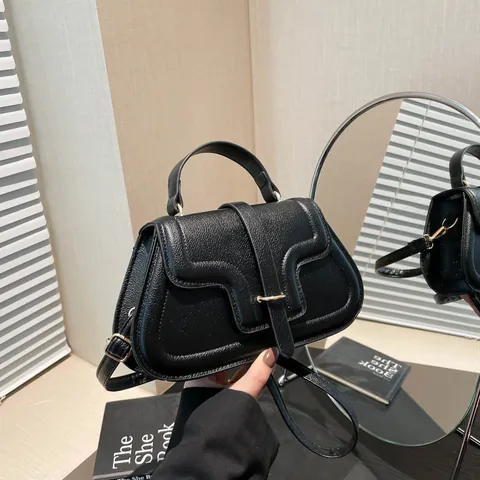 Borsa a Mano da Donna in Pelle PU con Grana di Litchi Borsa a Tracolla con Coperchio a Ribalta Ondulato Fibbia Dorata Minimalista