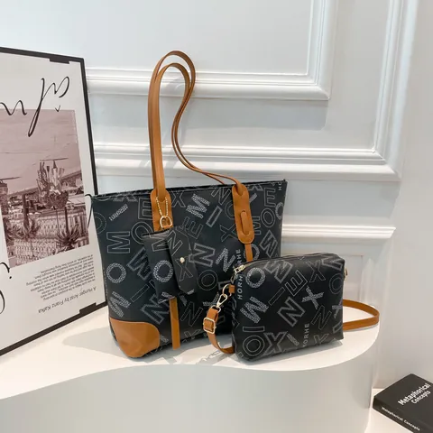 Vintage Letter Print Tote Shoulder and Crossbody Bag With Mini Purse PU Leather Large Capacity Urban Commuter Handbag