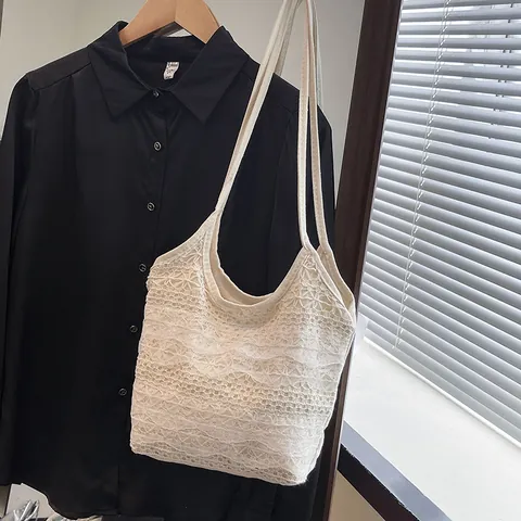 Sac Cabas en Dentelle pour Femme Avec Nœud Style Fée Sac à Épaule en Toile Tissée Sac à Main Élégant pour Vacances d'Été